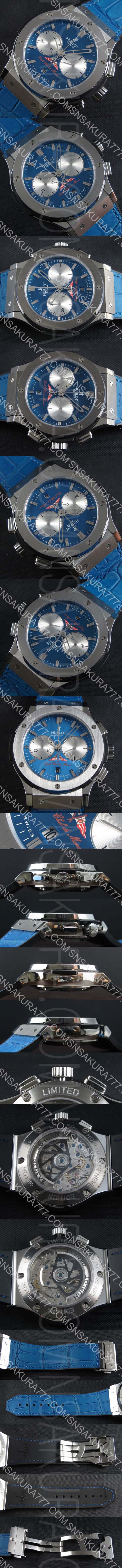 優良店舗 HUBLOTコピー クラシック フュージョン Asian 7750搭載 自動巻き ブルーダイヤル 30分積算計 シースルーバック